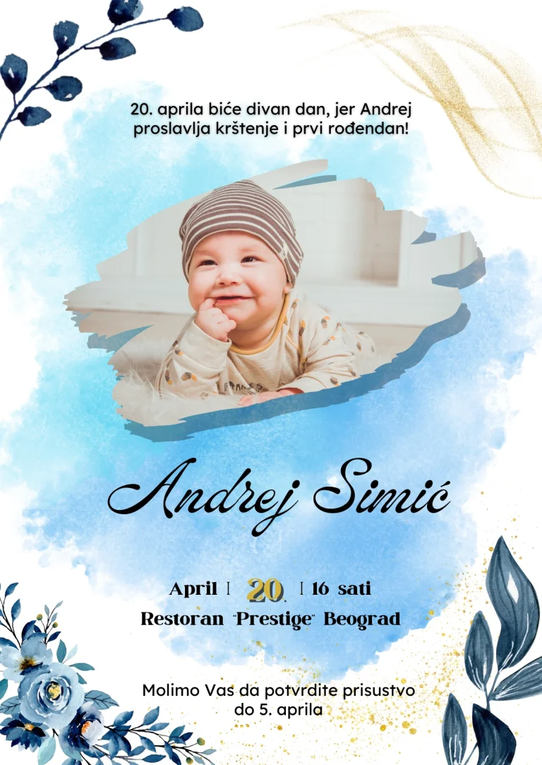 digitalna elektronska pozivnica za krstenje i prvi rodjendan plava sa slikom